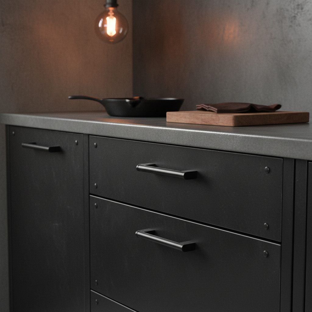 Industriële keuken met zwart stalen fronten, betonblad en mat zwarte handgrepen bij edison-lamp