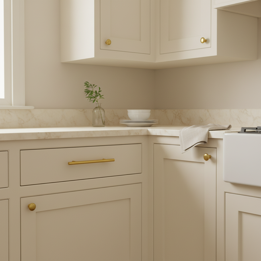 Klassieke crème shakerkeuken met marmeren blad en messing handgreep op lade