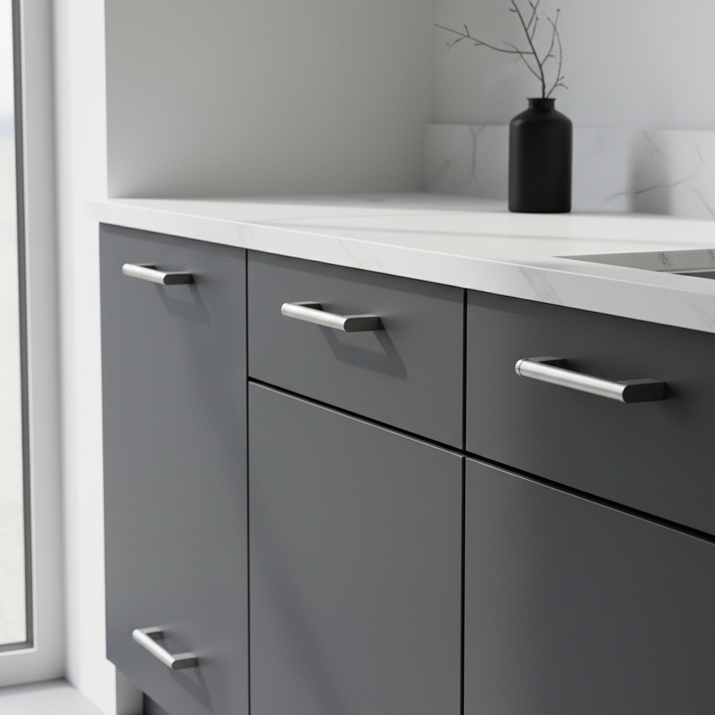 Moderne minimalistische keuken met antraciet fronten, wit quartz blad en RVS handgrepen