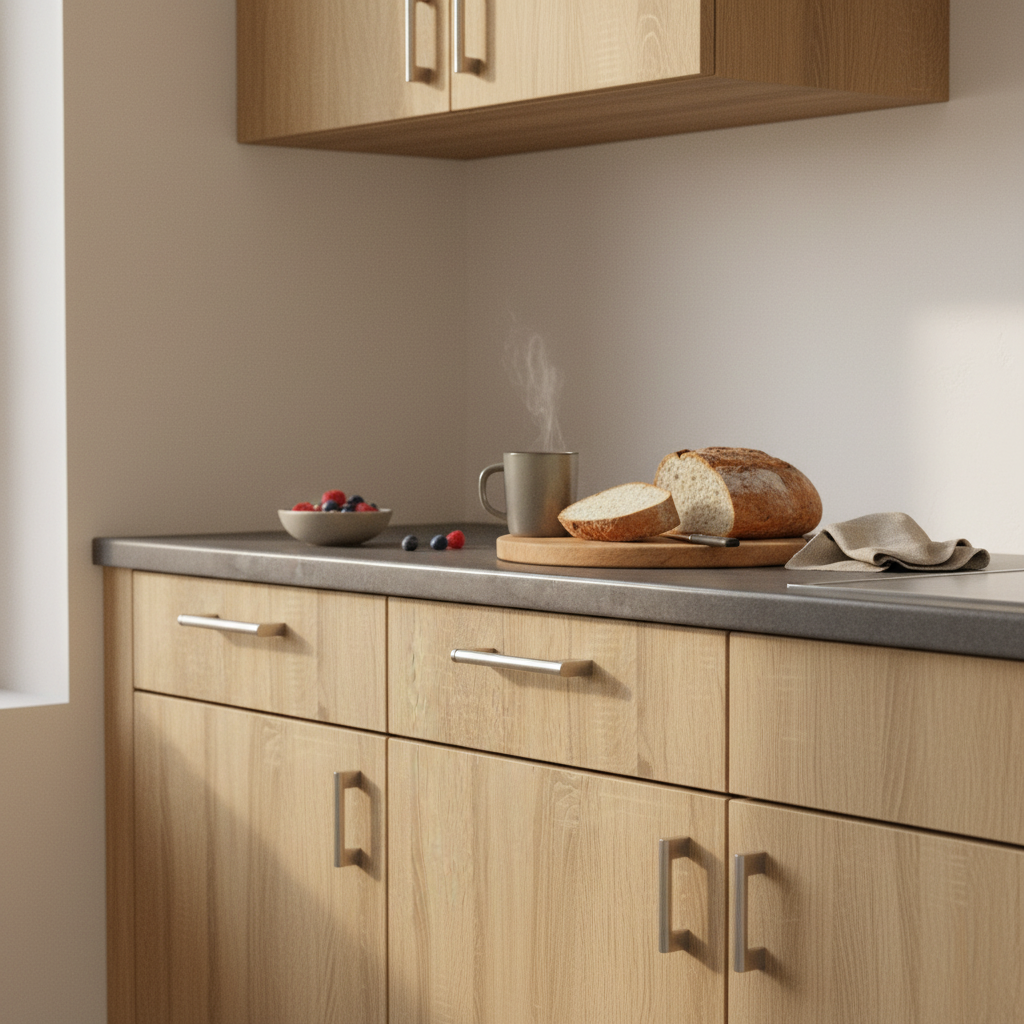 Lichte ochtendkeuken met koffie, vers brood en RVS handgrepen op eiken lades