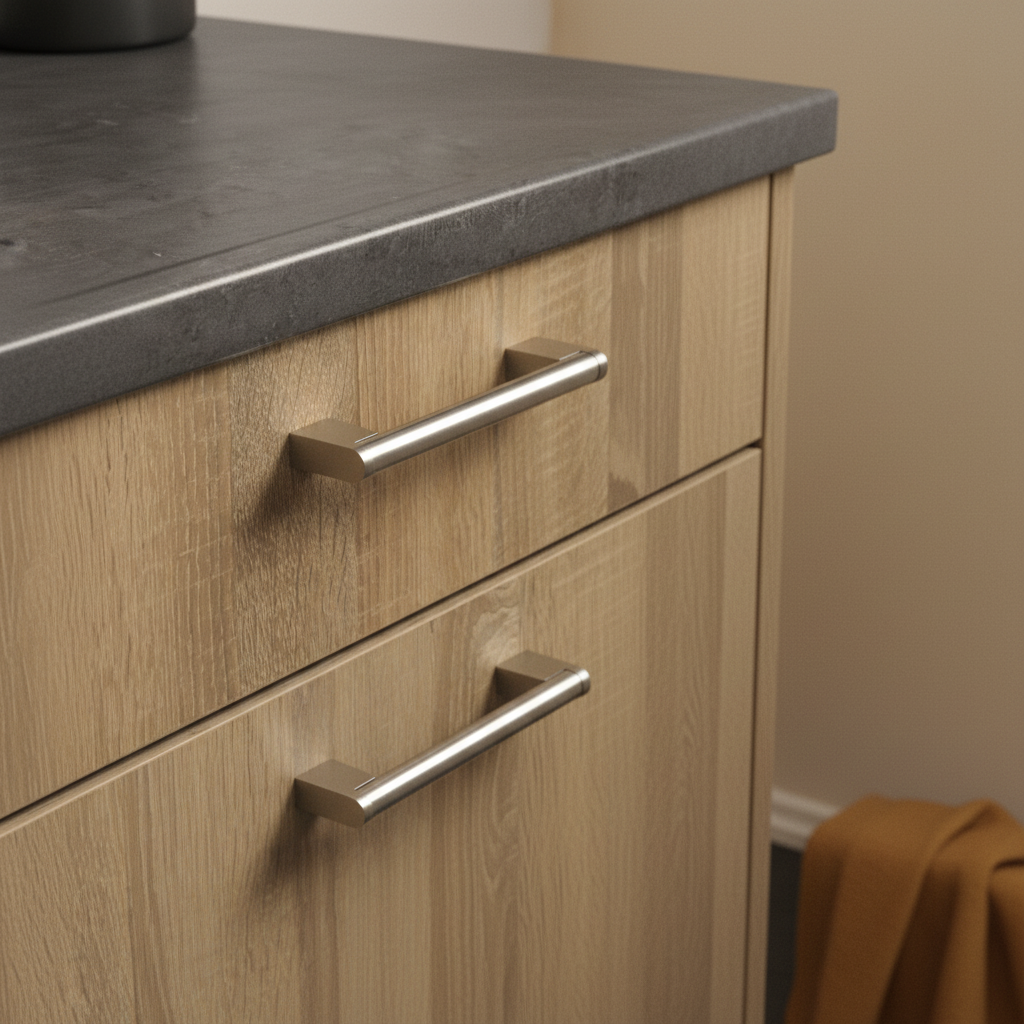 RVS keukenhandgrepen op twee eikenhouten lades, hart-op-hart 128 mm
