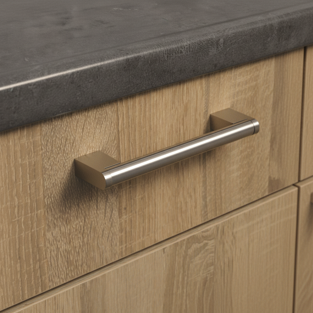 Compacte RVS keukenhandgreep op eikenhouten lade, hart-op-hart 96 mm