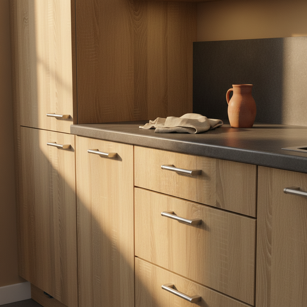 Warme eikenhouten keuken bij avondlicht met RVS handgrepen op lades
