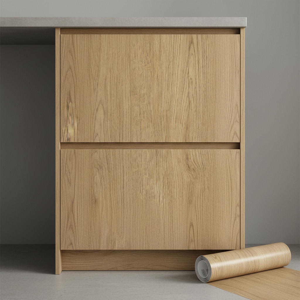 Keukenkast bekleed met zelfklevende houtlook folie, folierol op de vloer